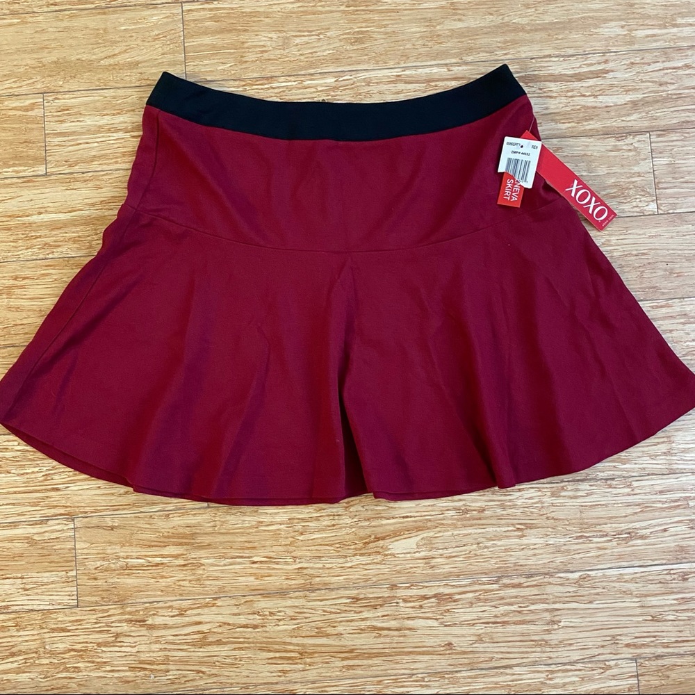 XOXO Women's Burgundy Skater Skirt with Black Waistband